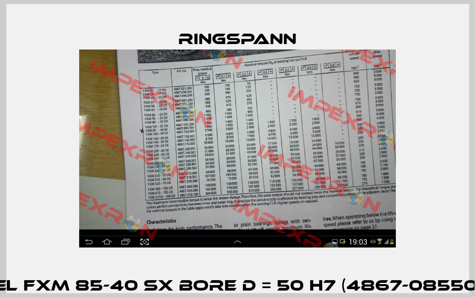 Freewheel FXM 85-40 SX Bore D = 50 H7 (4867-085501-050H38) Ringspann